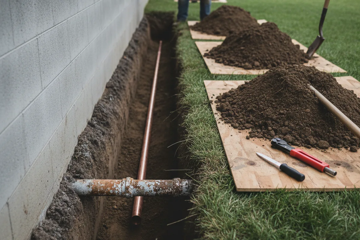 Excavated water line trench during Water Softener Installation in North Bay